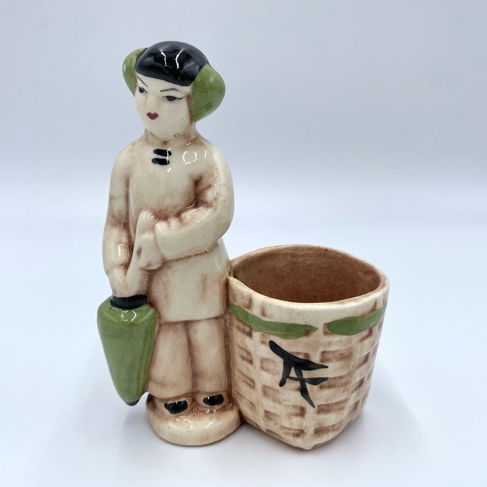 Vintage 1960's Cal Dania Ceramic Geisha Girl Asian Green & Brown Planter 5 3/4"